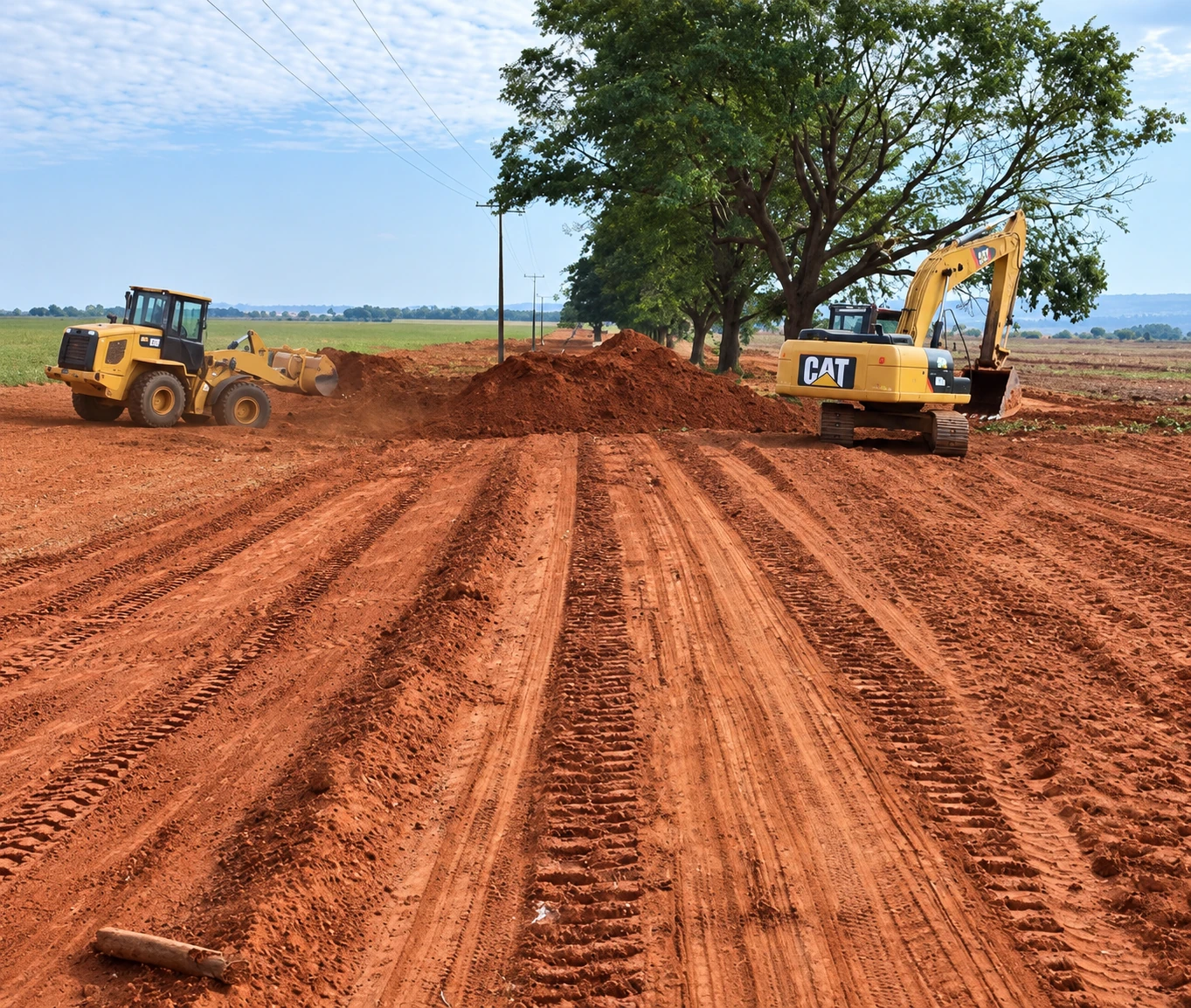 Máquinas trabalhando em terreno de solo vermelho